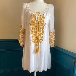 Sale 2/$15* White and Gold Embroidered Tunic Dress/swim coverup, size M. NWOT